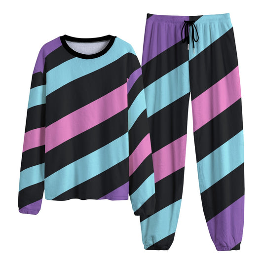 Striped Fleece Pajamas Set - Pink / Blue / Purple / Black