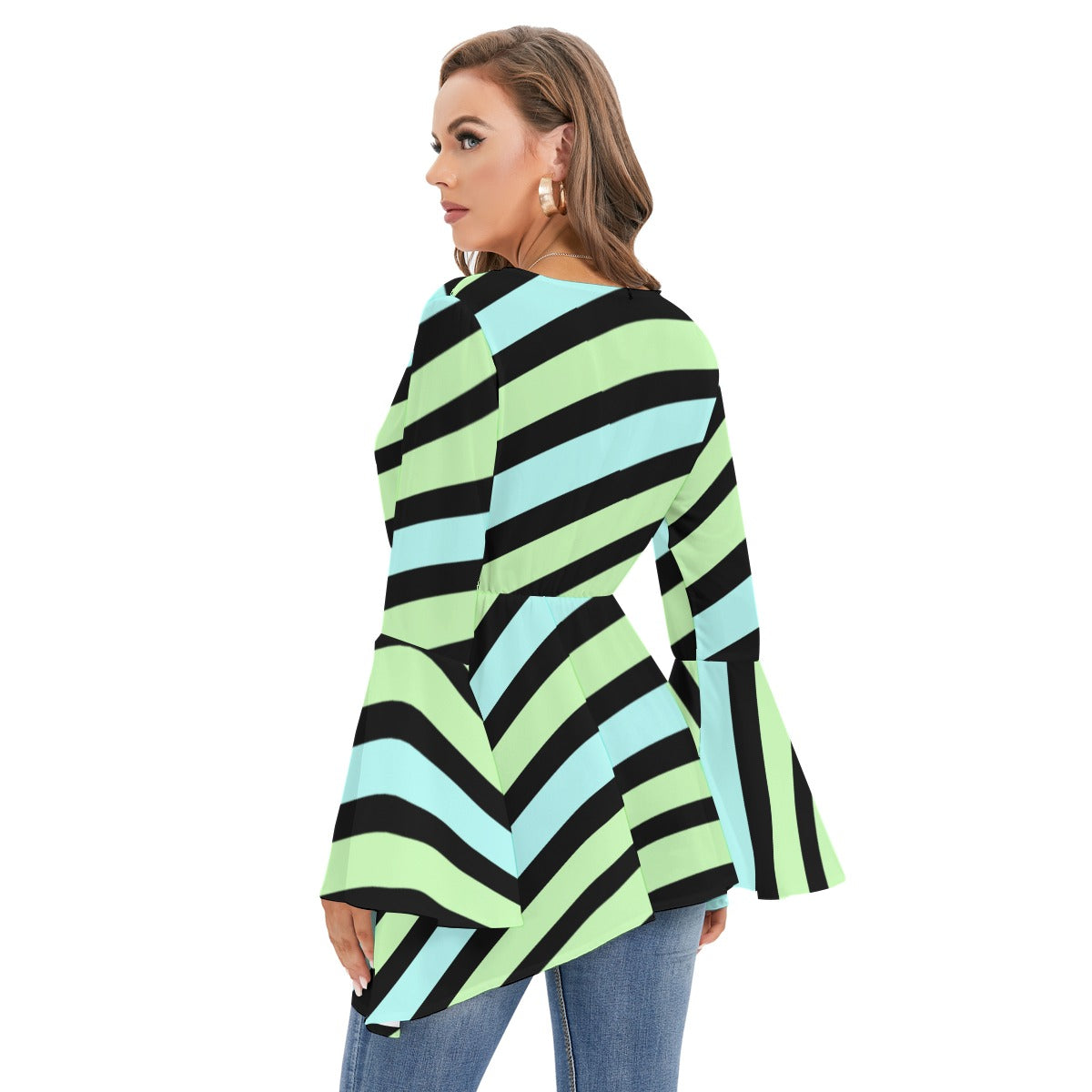 Blue Green Pastel Women’s V-neck Blouse With Flared Sleeves