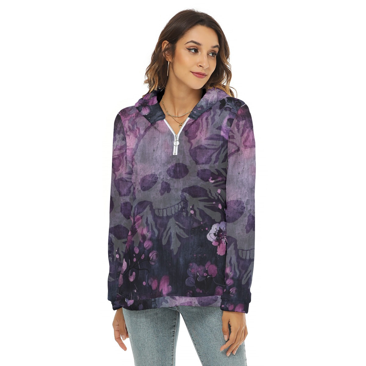 Snowflake Skull Vintage Wash Women’s Borg Fleece Hoodie With Half Zip