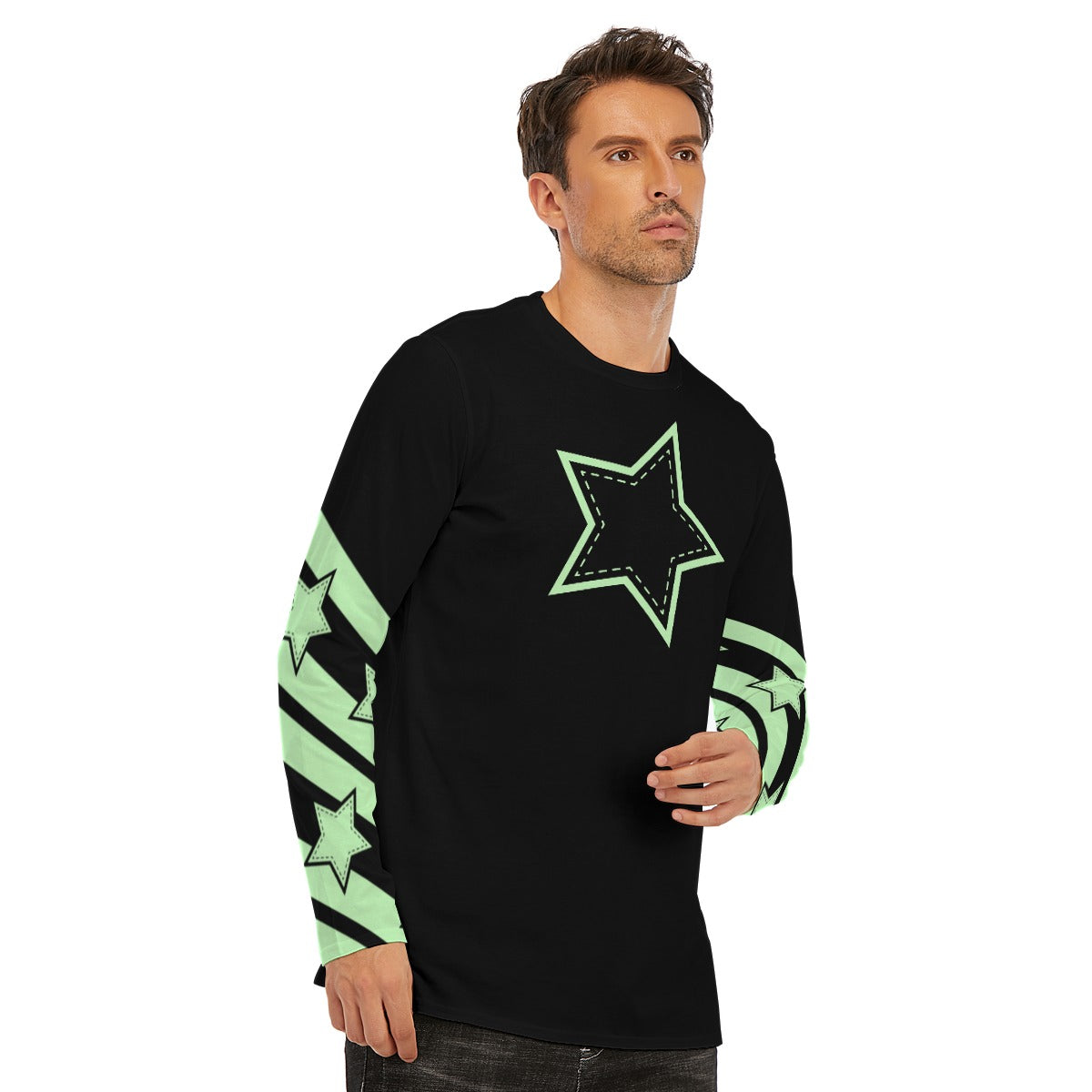 Pastel Green Stripes and Star Long Sleeve T-Shirt