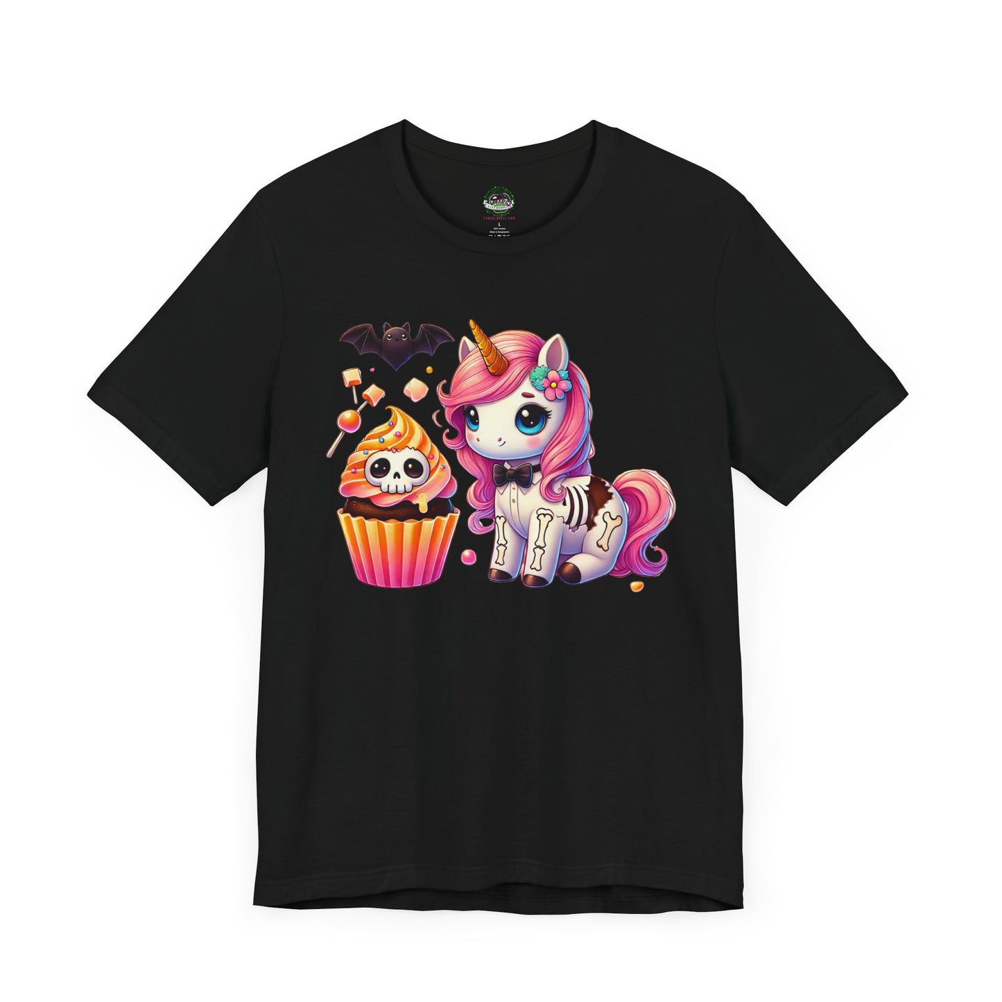 Pastel Goth T-shirt - Orange Skeleton Unicorn & Cupcake