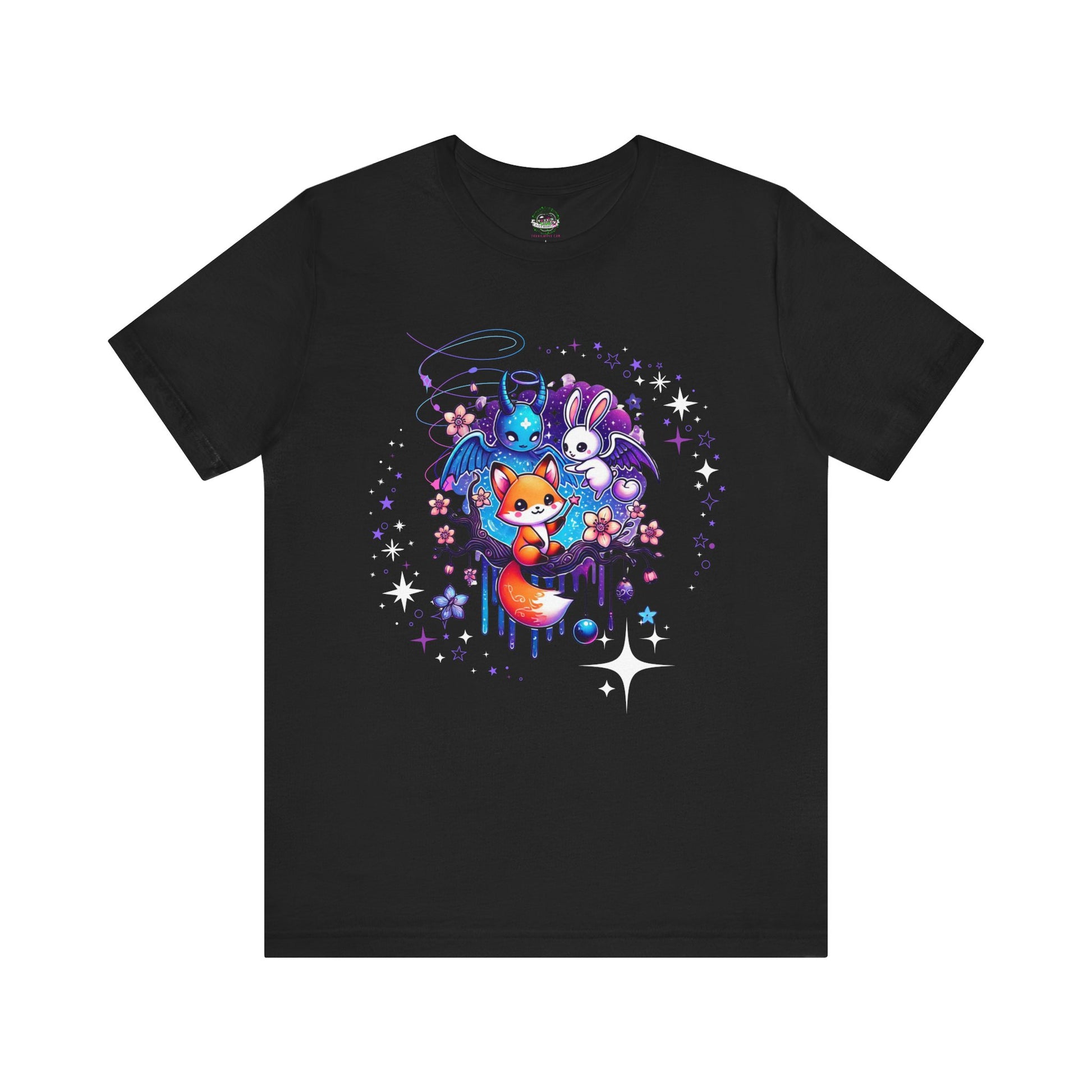 Neon Pastel Goth Magical Fox and Bunny Tee - Black / XS - T-Shirt