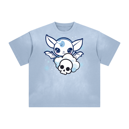 Blue Pastel Goth Bat Washed All-Over Drop Shoulder T-Shirt