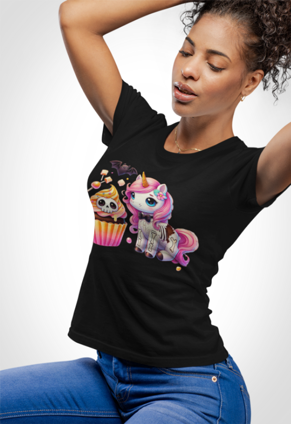 Pastel Goth T-shirt - Orange Skeleton Unicorn & Cupcake