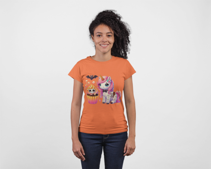Pastel Goth T-shirt - Orange Skeleton Unicorn & Cupcake
