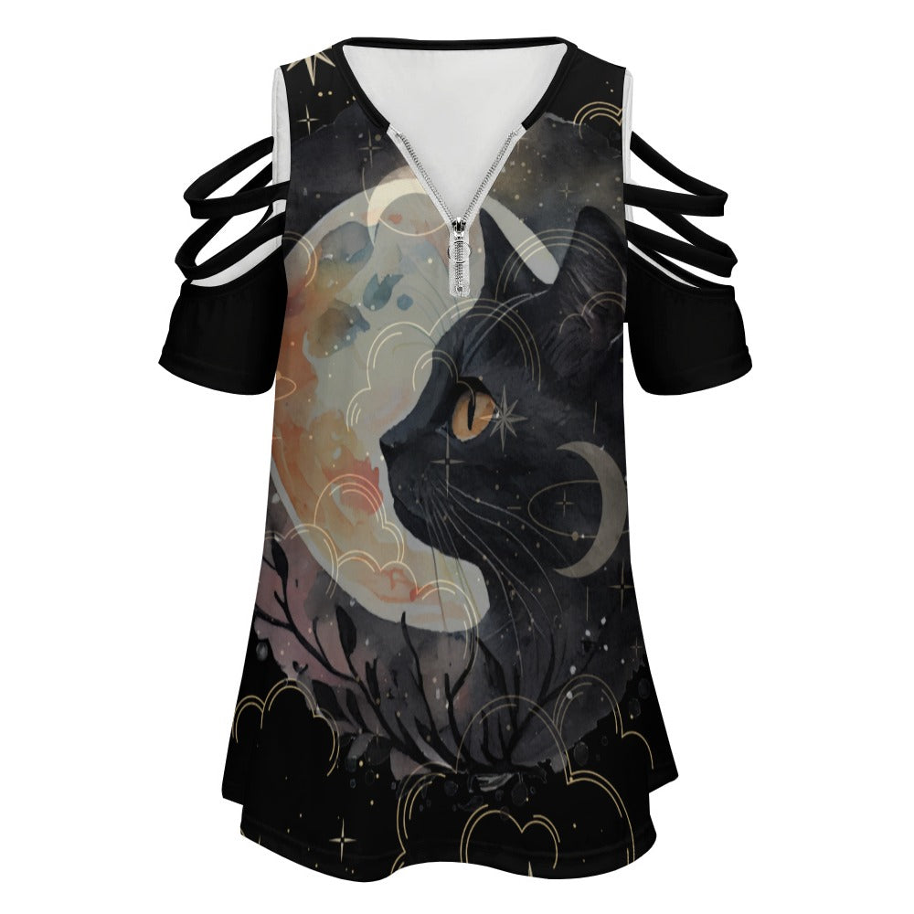 Black Cat Women’s Zip Off Shoulder Top