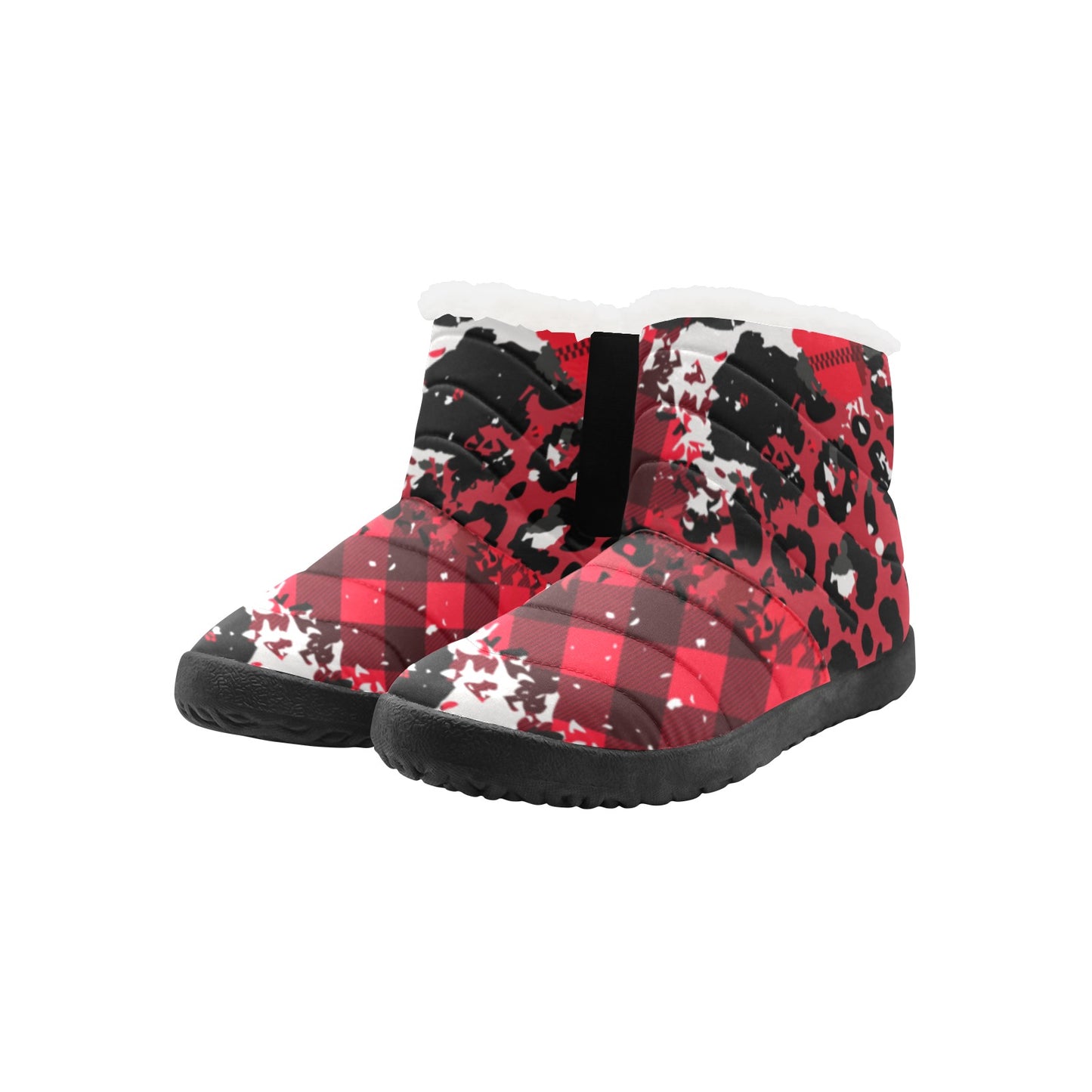 Plaid Leopard Patchwork Boots - Red / Black