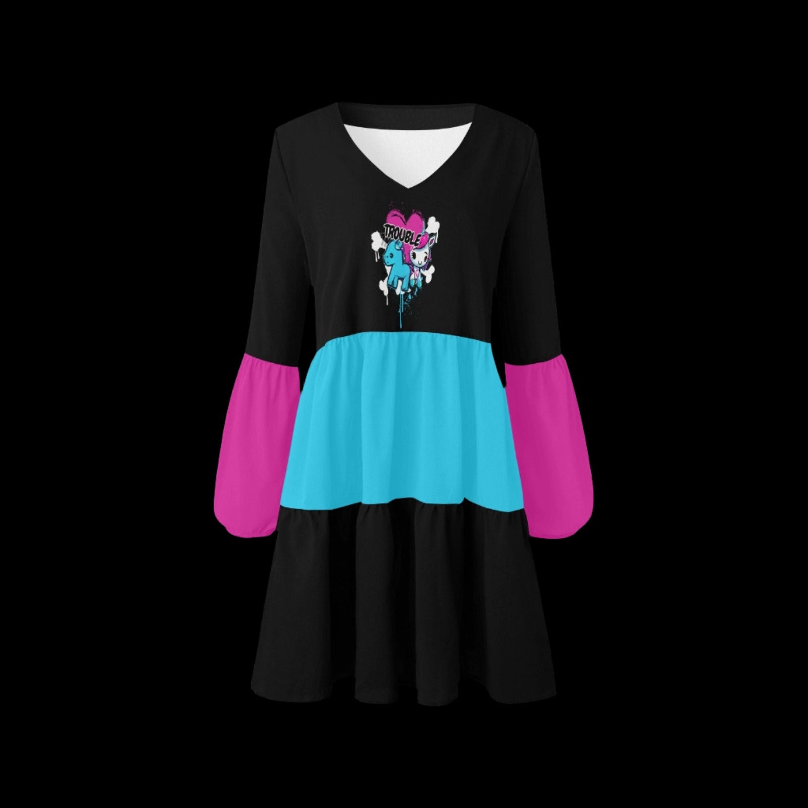 Trouble Unicorn V Neck Casual Loose Flowy Dress - Dresses