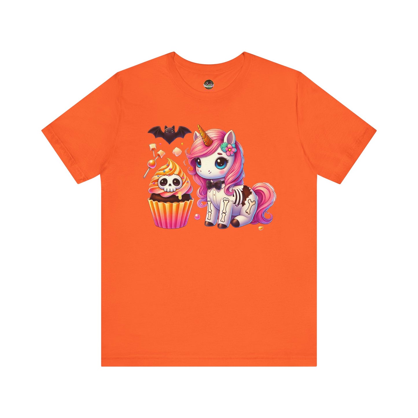 Pastel Goth T-shirt - Orange Skeleton Unicorn & Cupcake