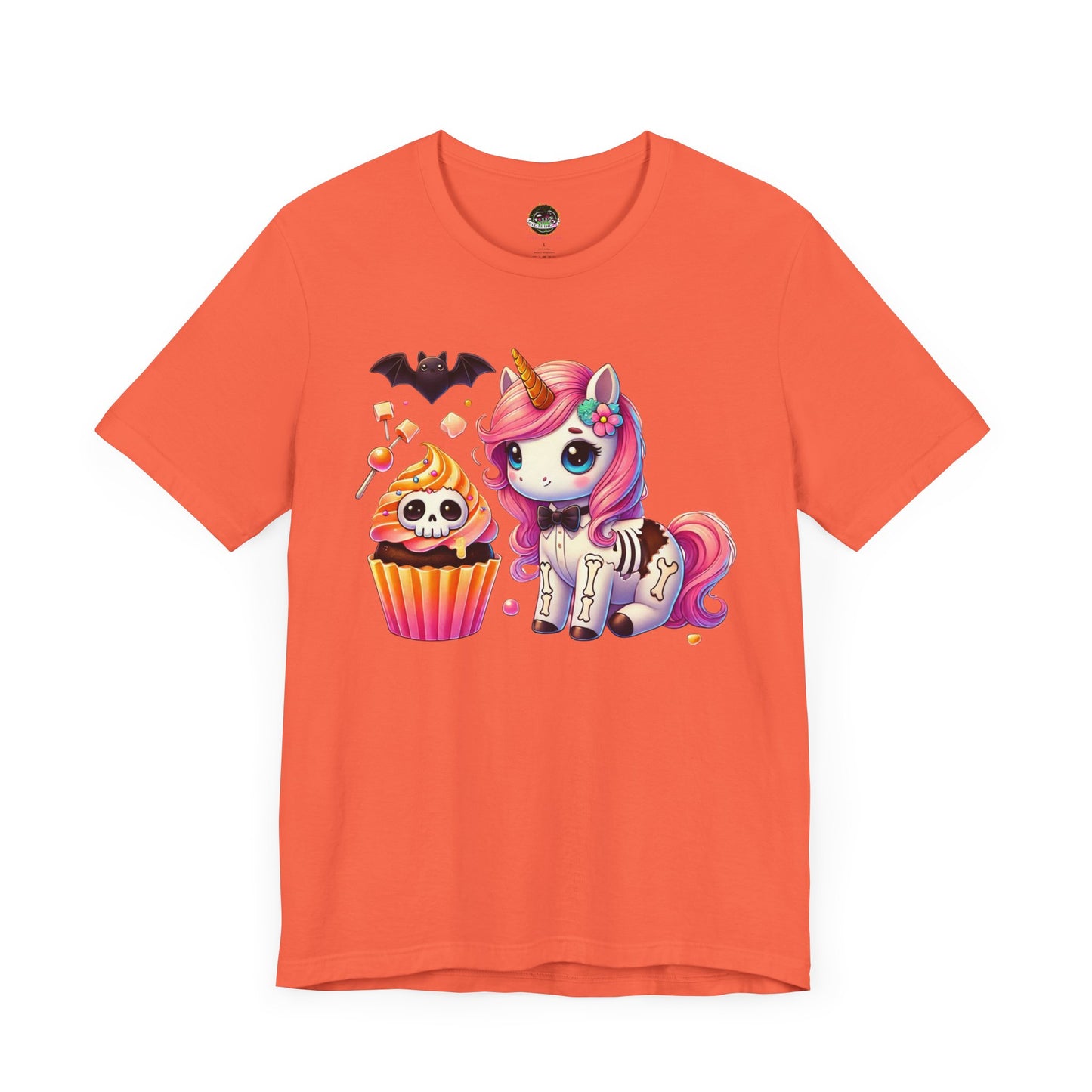 Pastel Goth T-shirt - Orange Skeleton Unicorn & Cupcake