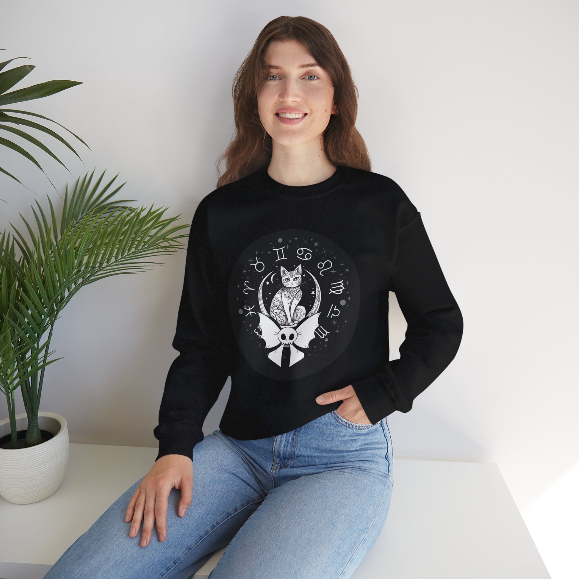 Kawaii Goth Zodiac Cat Unisex Heavy Blend™ Crewneck Sweatshirt - Sweatshirt