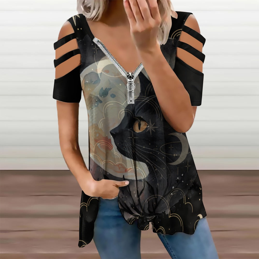 Black Cat Women’s Zip Off Shoulder Top