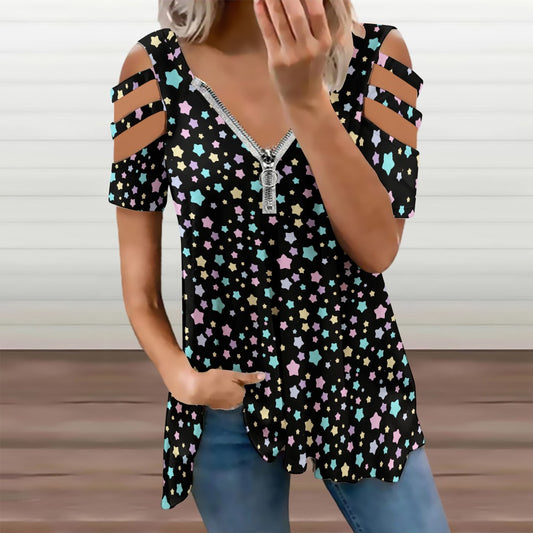Pastel Stars Women’s Zip Off Shoulder Top - S / Black
