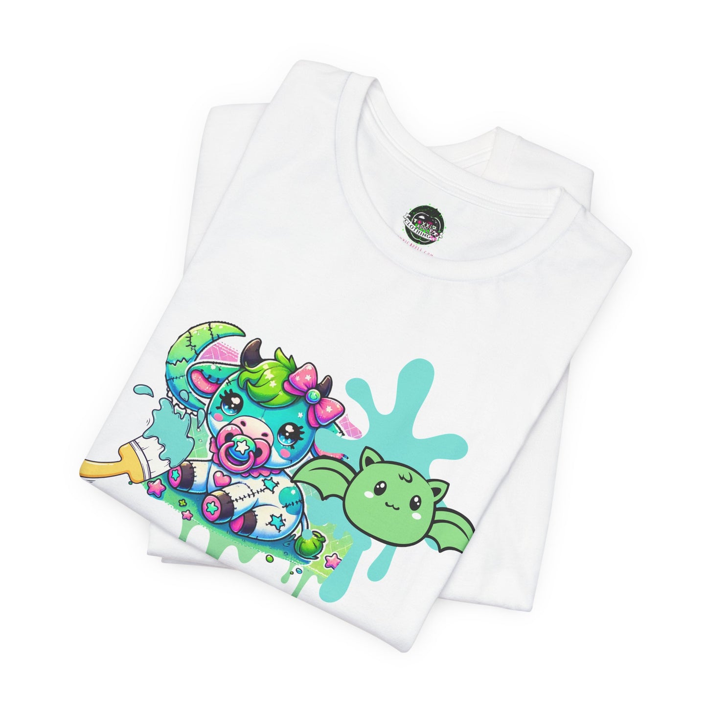 Pastel Goth T-shirt - Teal Cow Pacifier w/ Little Bat & Paintbrush