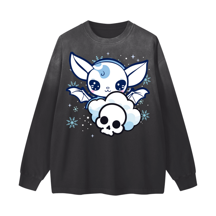 Kawaii Skull Pastel Goth Bat Gradient Vintage Washed Long Sleeve Tee
