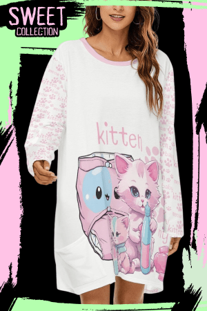 Baby Kitten Diaper & Bottle Night Shirt Dress