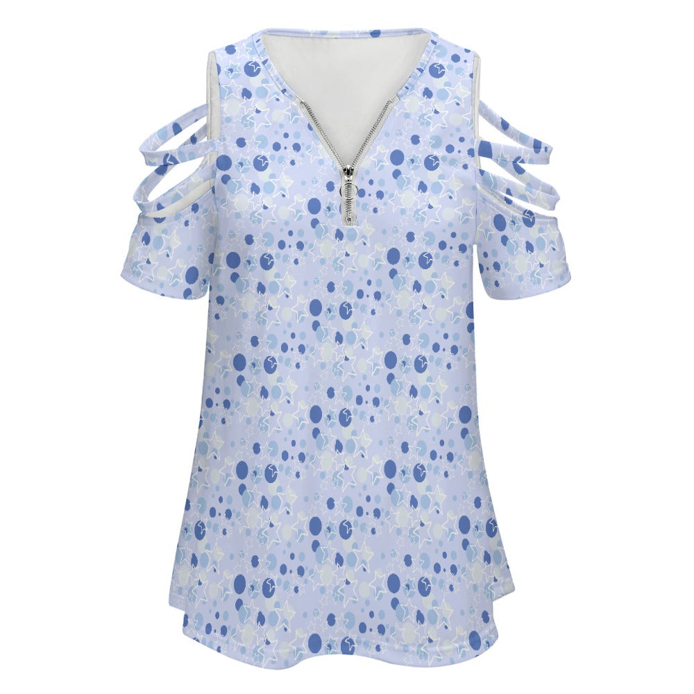 Pastel Blue Stars Women’s Zip Off Shoulder Top
