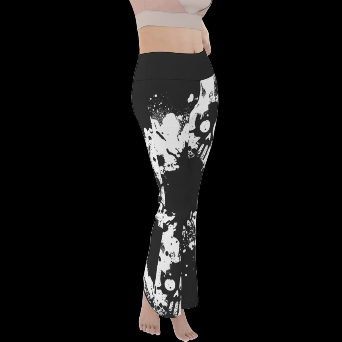 Black White Skull Splatter Women’s Flare Yoga Pants - yoga pants