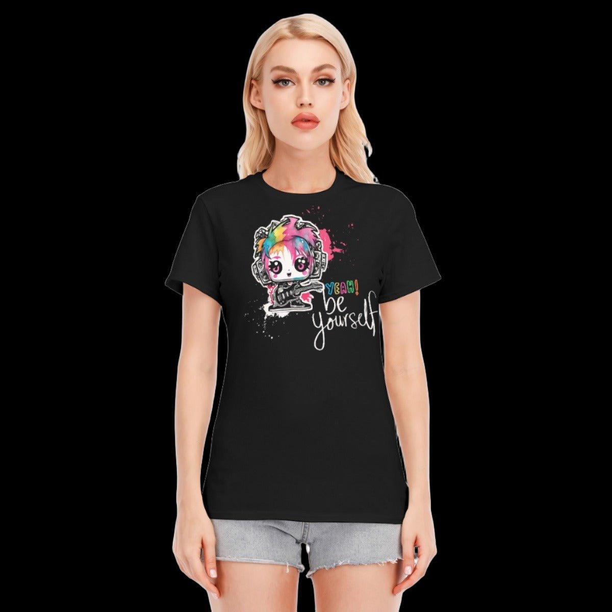 Chibi Rainbow Be Yourself Alternative Women’s Round Neck Graphic T-Shirt
