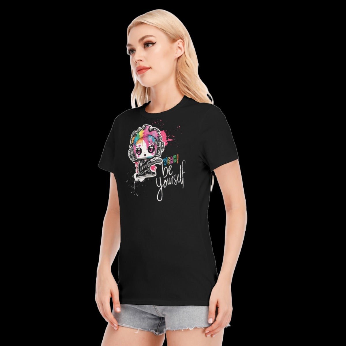 Chibi Rainbow Be Yourself Alternative Women’s Round Neck Graphic T-Shirt