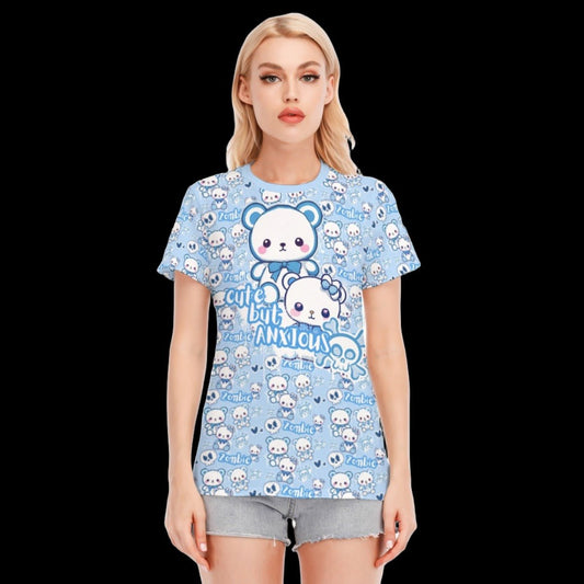 Cute But Anxious Baby Blue Teddy Bear Women’s Round Neck T-Shirt Adult Graphic T-Shirt - S