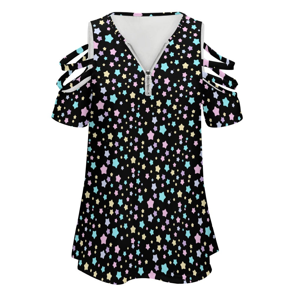 Pastel Stars Women’s Zip Off Shoulder Top
