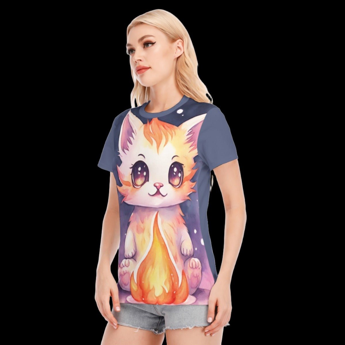 Fire Kawaii Orange Kitten Women’s Round Neck T-Shirt