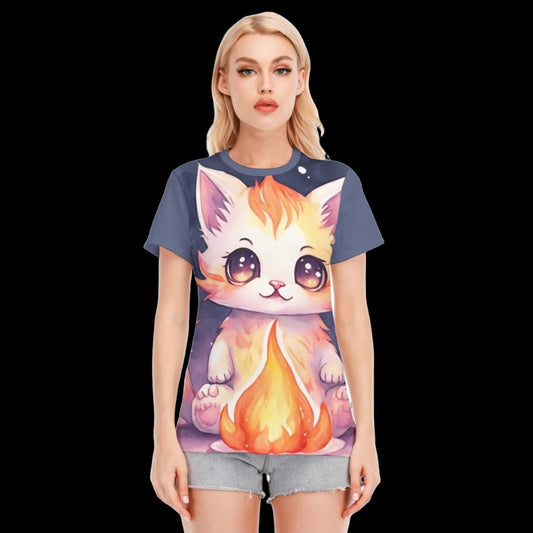 Fire Kawaii Orange Kitten Women’s Round Neck T-Shirt - S