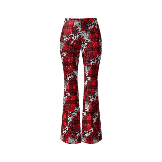 Leopard Red/Black Plaid Patchwork Women’s Flare Leg Pants