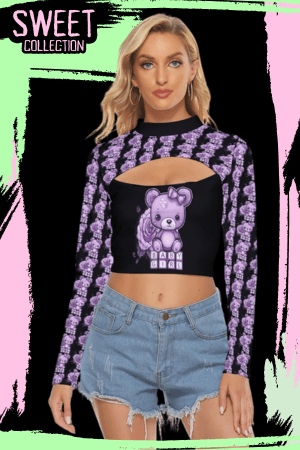 Gothic Babygirl Purple Teddy Women’s Hollow Chest Keyhole Tight Crop Top