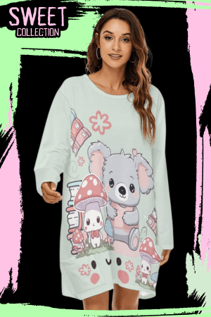 Kawaii Koala Mushroom Bookworm Night Shirt Dress