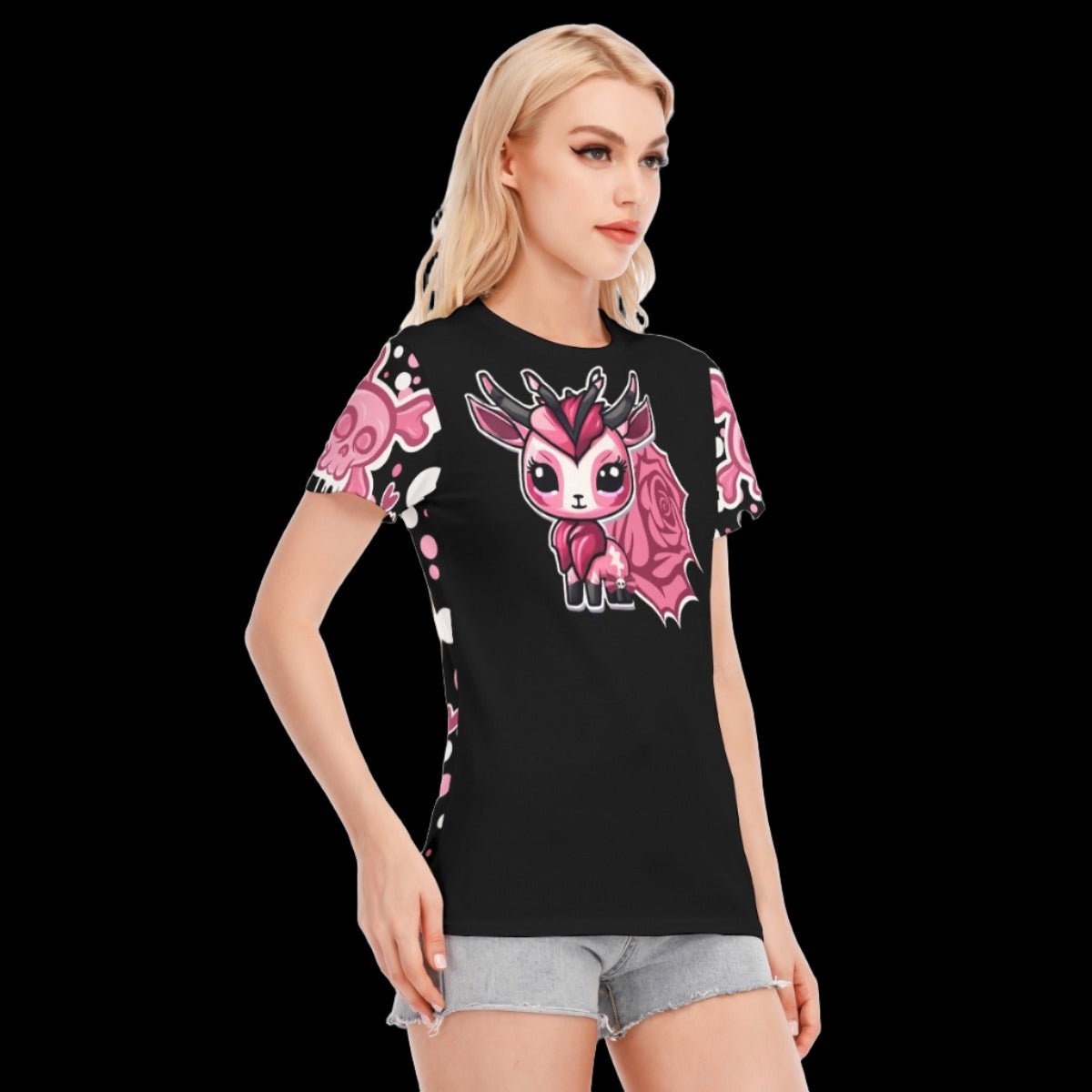 Little Horned Demon Crimson Pastel Goth Rose Women’s Round Neck Graphic T-Shirt