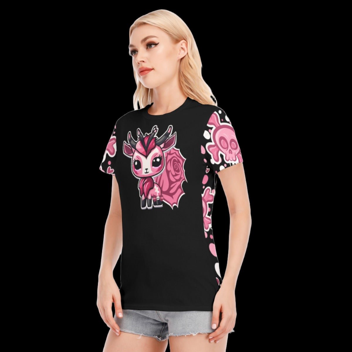 Little Horned Demon Crimson Pastel Goth Rose Women’s Round Neck Graphic T-Shirt