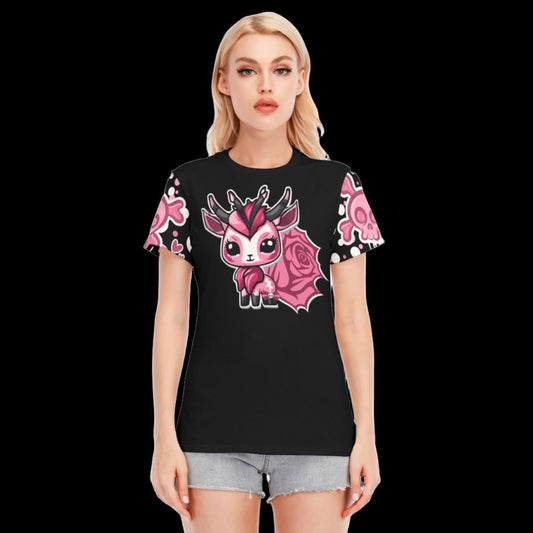 Little Horned Demon Crimson Pastel Goth Rose Women’s Round Neck Graphic T-Shirt