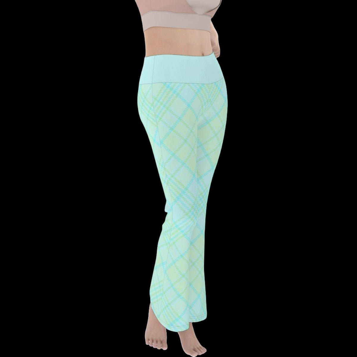 Pastel Green & Blue Plaid Women’s Flare Yoga Pants - yoga pants