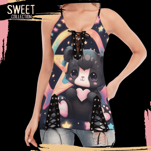 Wiccan Teddy Bear Pentagram Lace-up Cami Toxxic Apple Clothing Alternative Clothing for Adults